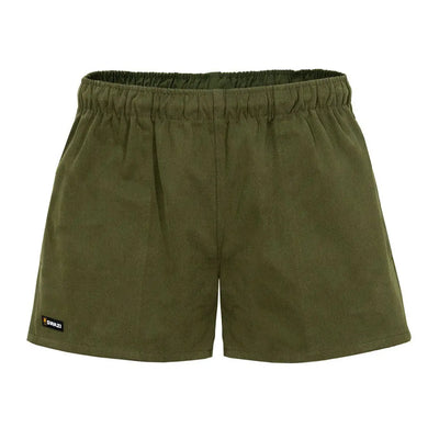Olive green Swazi Moley Shorts feature a comfy elastic waist for laid-back style