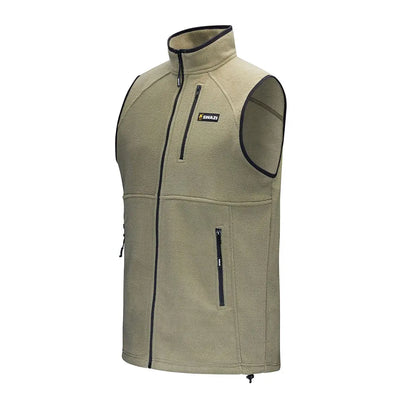 Khaki fleece vest with black trim showing Swazi Sherpa Vest style and sherpa vest design