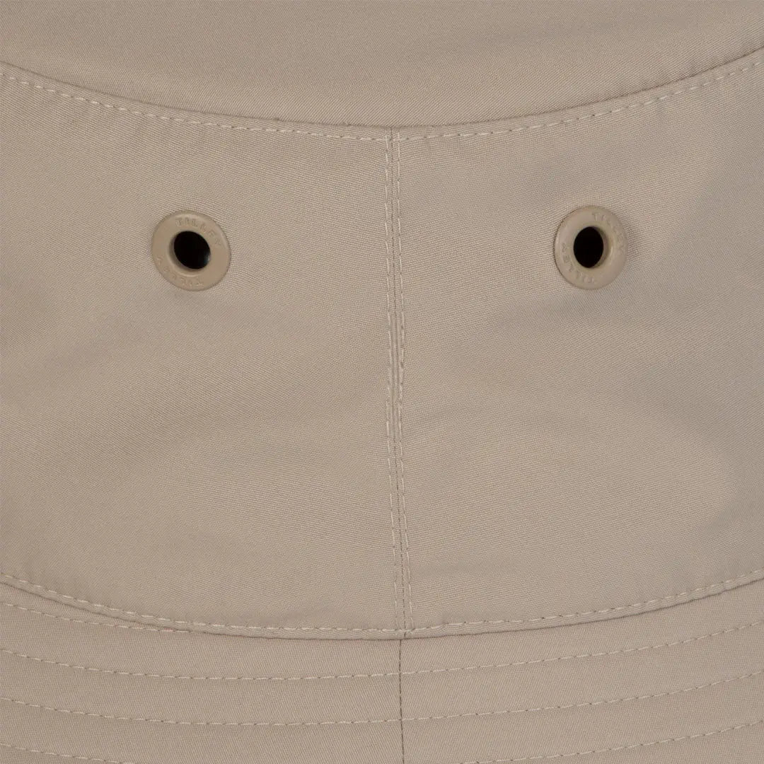Beige bucket hat detail of the Tilley Logo Technical T1 Bucket for stylish sun protection