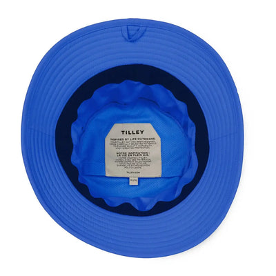 Interior view of the Tilley Logo Technical T1 Bucket hat in a vibrant blue color