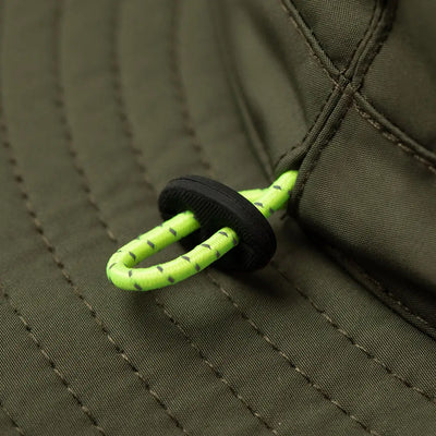 Neon green drawstring cord with black toggle on Tilley TWS1 certified UPF 50+ weather hat