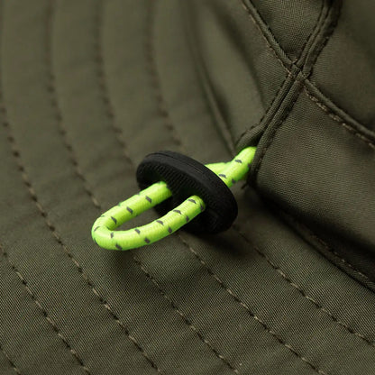 Neon green drawstring cord with black toggle on Tilley TWS1 certified UPF 50+ weather hat