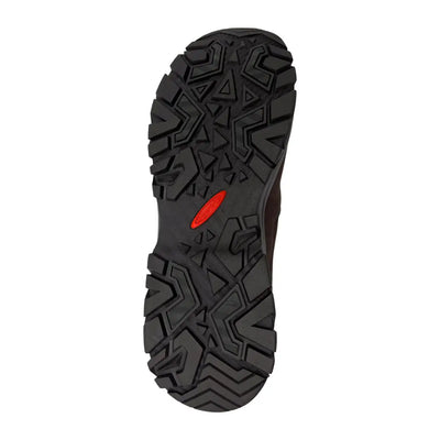 Rugged black rubber sole of Treksta Plymouth Slip On GTX with deep treads and red accents