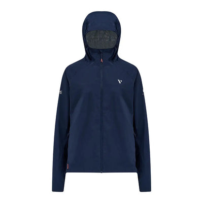 Navy blue Venture Ultralight running jacket with hood and white logo for ladies