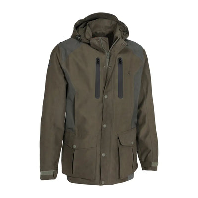 Olive green Verney Carron Falcon Jacket, flexible waterproof with multiple pockets and zippers