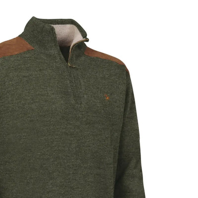 Green Verney Carron Fox Zipped Pullover with brown shoulder patches and zip collar