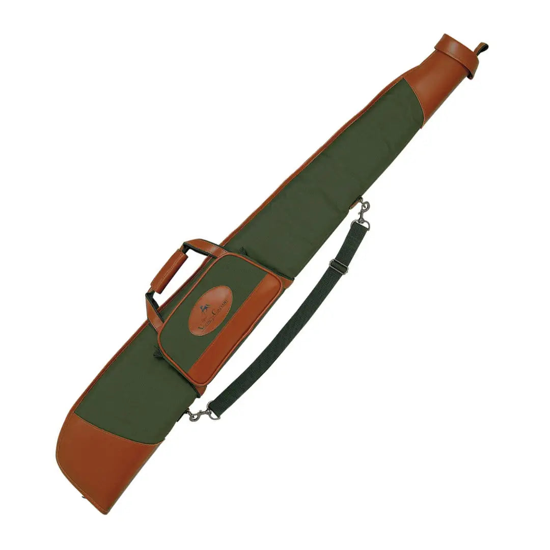 Green and brown leather Verney Carron Parnon shotgun slip with shoulder strap