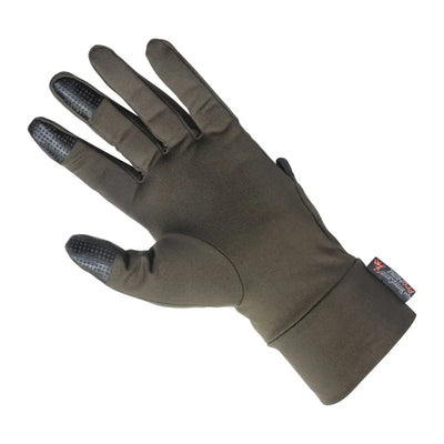 Olive green Verney Carron tactile glove with textured fingertips and logo tag