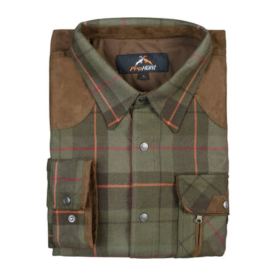 Folded Verney Carron plaid shirt with suede accents, perfect for country clothing and hunting