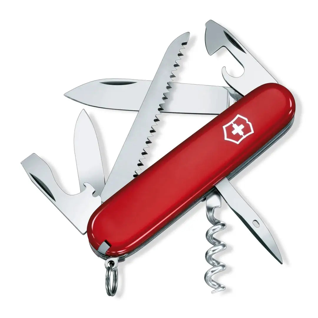 Red Swiss Army knife with multiple tools from Victorinox Camper Swiss Army pocket knife collection