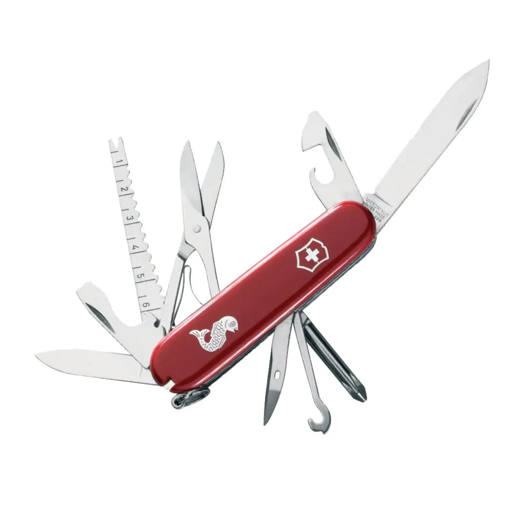 Red Swiss Army knife with multiple tools, Victorinox Fisherman Knife, legendary officer’s knife