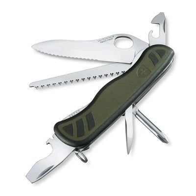 Open green Swiss Army knife showcasing the Victorinox Swiss Soldiers 08 Pocket Knife