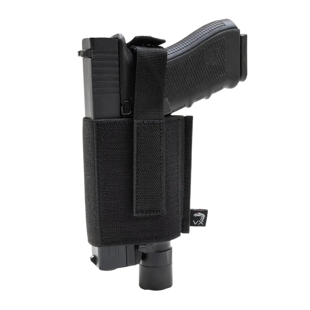 Black handgun holster with flashlight mount, perfect for Viper VX Pistol Sleeve use