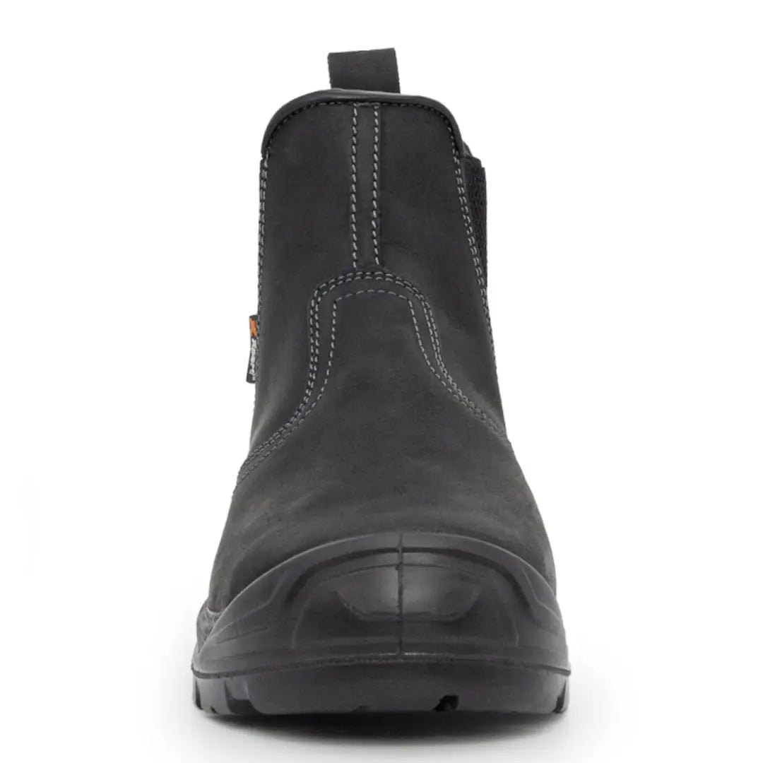 Black leather Xpert Defiant S3 Safety Dealer Boot with grey stitching and reinforced toe