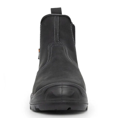 Black leather Xpert Defiant S3 Safety Dealer Boot with grey stitching and reinforced toe