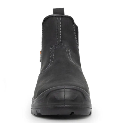 Black leather Xpert Defiant S3 Safety Dealer Boot with grey stitching and reinforced toe