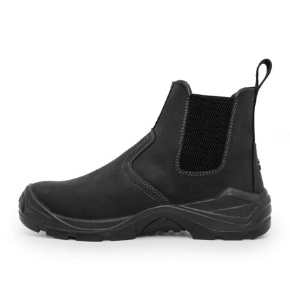 Black leather Xpert Defiant S3 Safety Dealer Boot with elastic sides and chunky sole