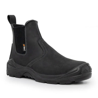 Black leather slip-on Xpert Defiant S3 Safety Dealer Boot with reinforced toe and lug sole
