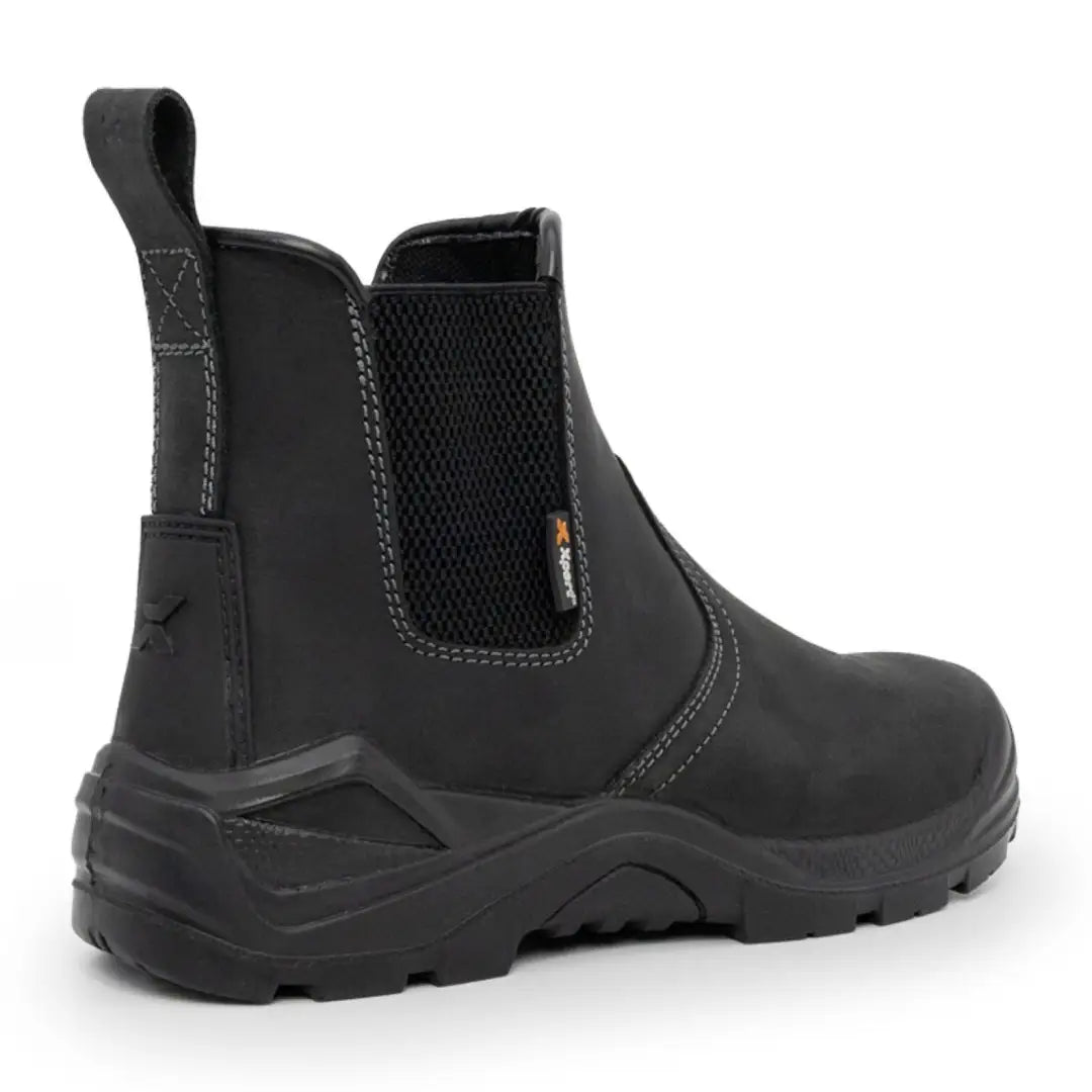 Black leather Xpert Defiant S3 Safety Dealer Boot with elastic sides and pull tab