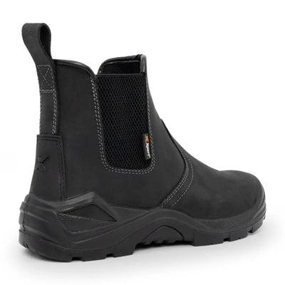Black leather Xpert Defiant S3 Safety Dealer Boot with elastic sides and pull tab