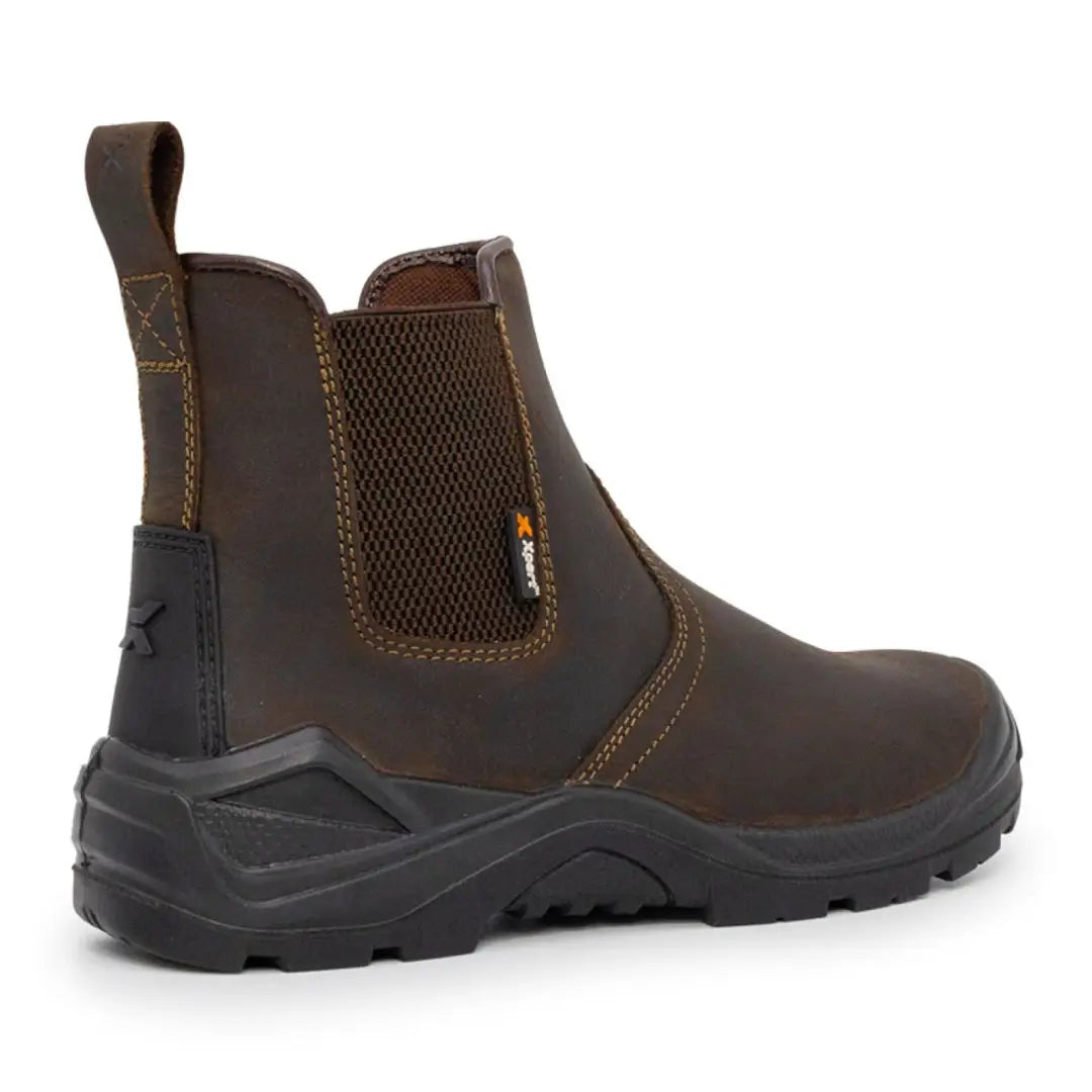 Dark brown leather Xpert Defiant S3 Safety Dealer Boot with elastic panels and black sole