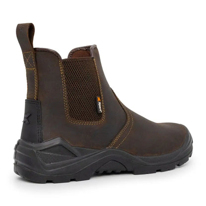 Dark brown leather Xpert Defiant S3 Safety Dealer Boot with elastic panels and black sole