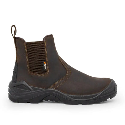 Brown Xpert Defiant S3 Safety Dealer Boot with elastic panels and black toe cap
