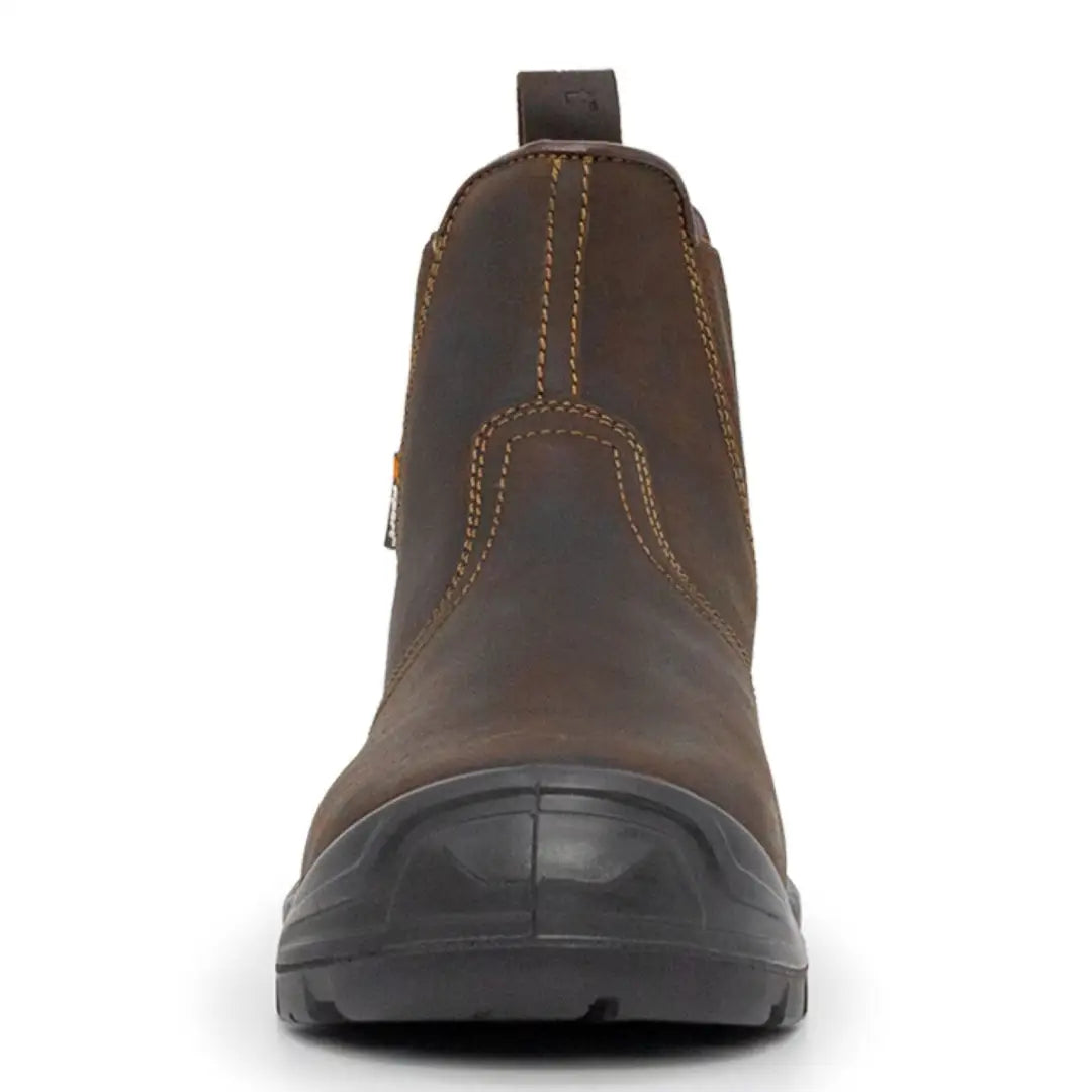 Dark brown Xpert Defiant S3 Safety Dealer Boot with reinforced toe and elastic panels