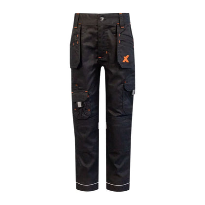 Xpert Pro Junior Stretch Work Trouser with black fabric, orange stitching, and utility pockets