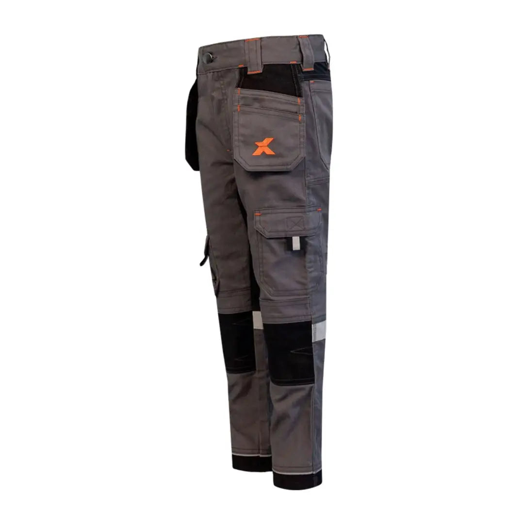 Gray Xpert Pro Junior Stretch Work Trouser with black knee patches and orange accents