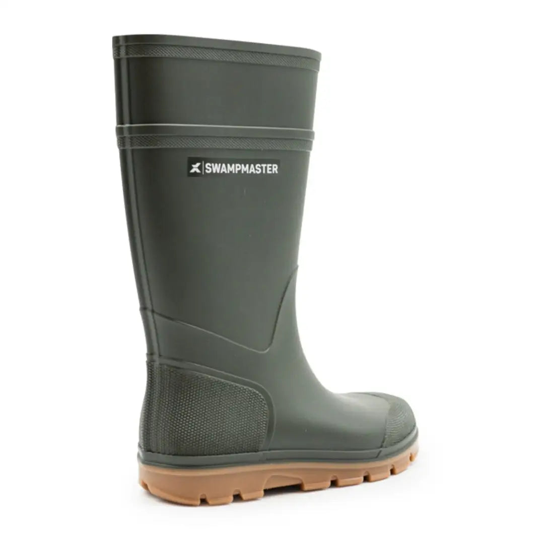 Tall dark green Swampmaster Stampede Junior Wellington rubber boot with brown sole