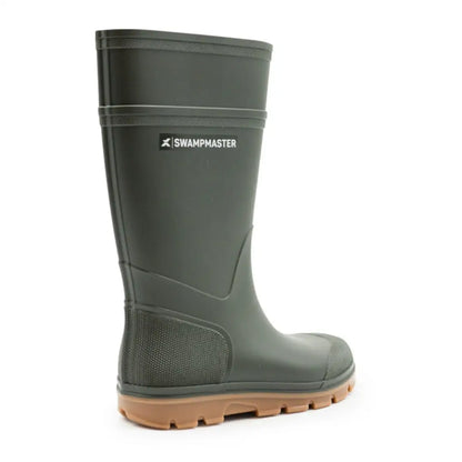 Tall dark green Swampmaster Stampede Junior Wellington rubber boot with brown sole
