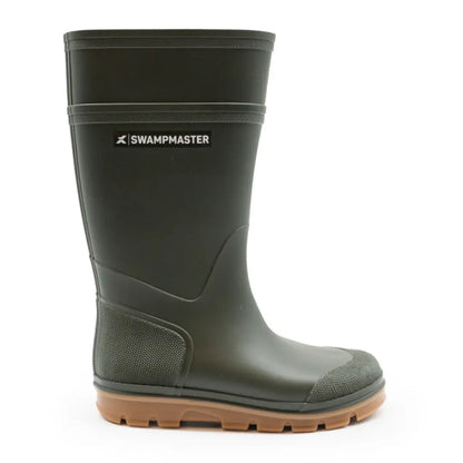 Olive green Swampmaster Stampede Junior Wellington boot with thick brown sole for kids