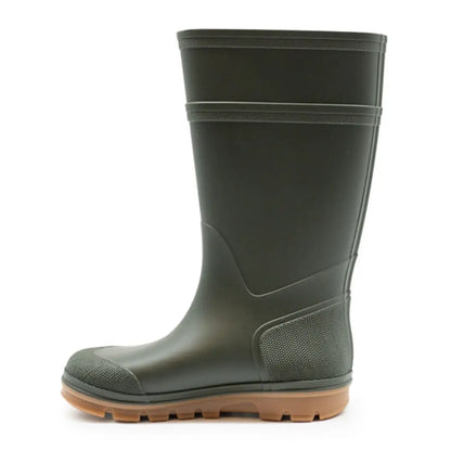 Tall dark green Swampmaster Stampede Junior Wellington rain boot with ridged brown sole