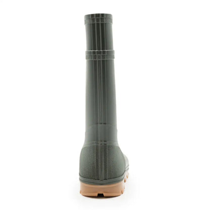 Green rubber Swampmaster Stampede Junior Wellington with ridged shaft and tan sole