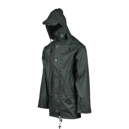 Dark green Xpert Swampmaster Stormgear waterproof jacket with hood and snap closures